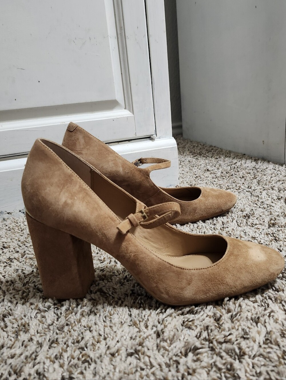 Calvin Klein Cassian Tan Suede Block Heel Mary Jane Pump 9 Golden Studs